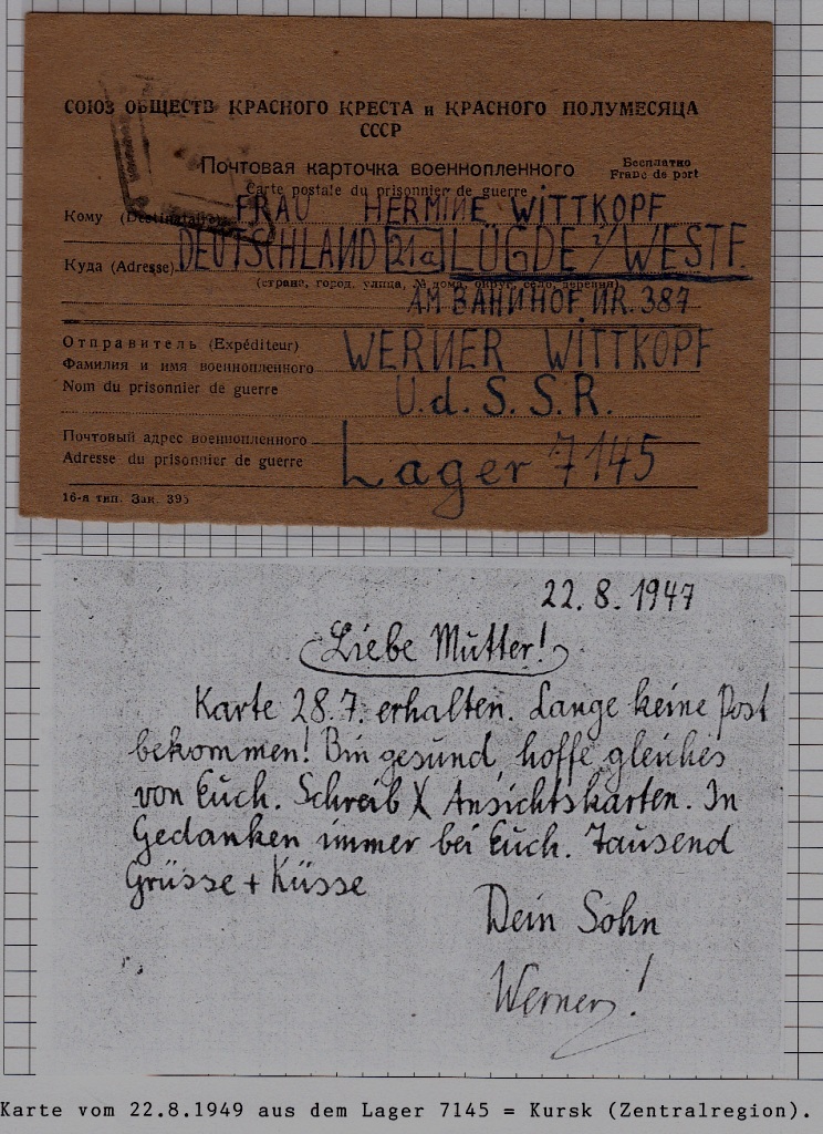 Russia/Germany POW card camp Kursk 22.8.49