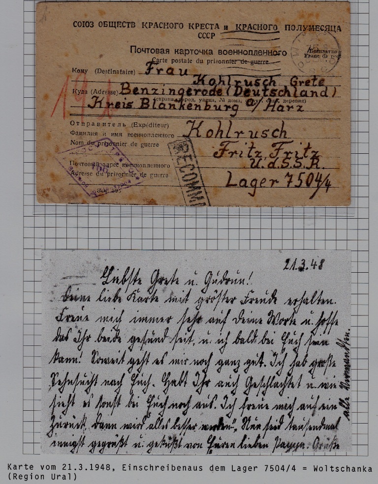 Russia/Germany POW mail card camp Wolchanka 21.3.48