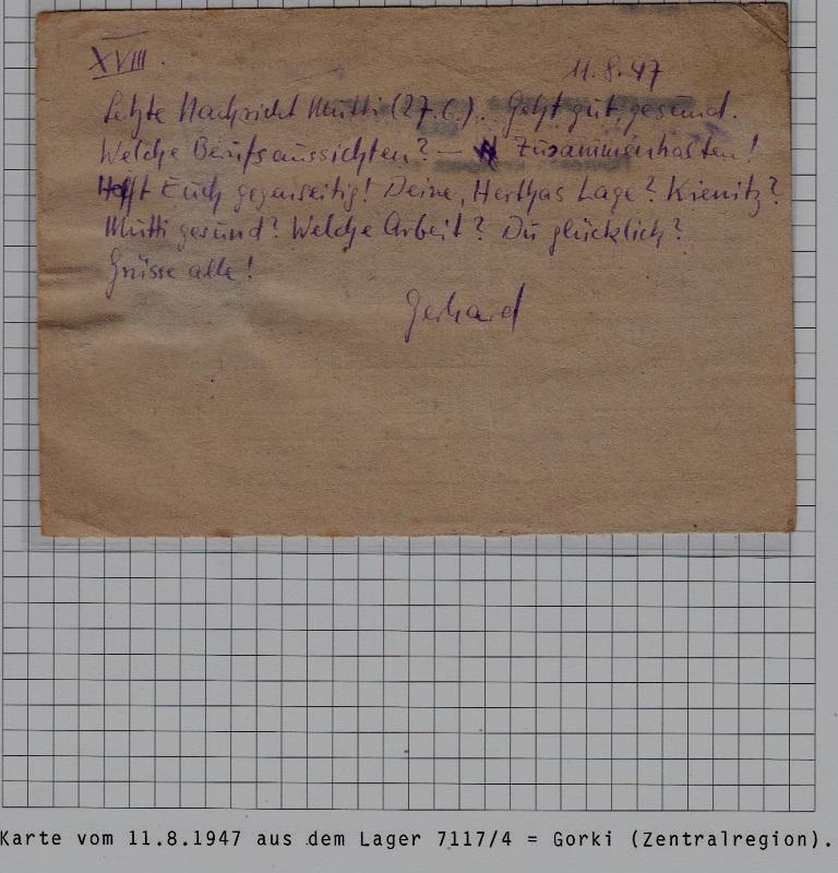 Russia/Germany POW mail card camp Gorkij 11.8.47