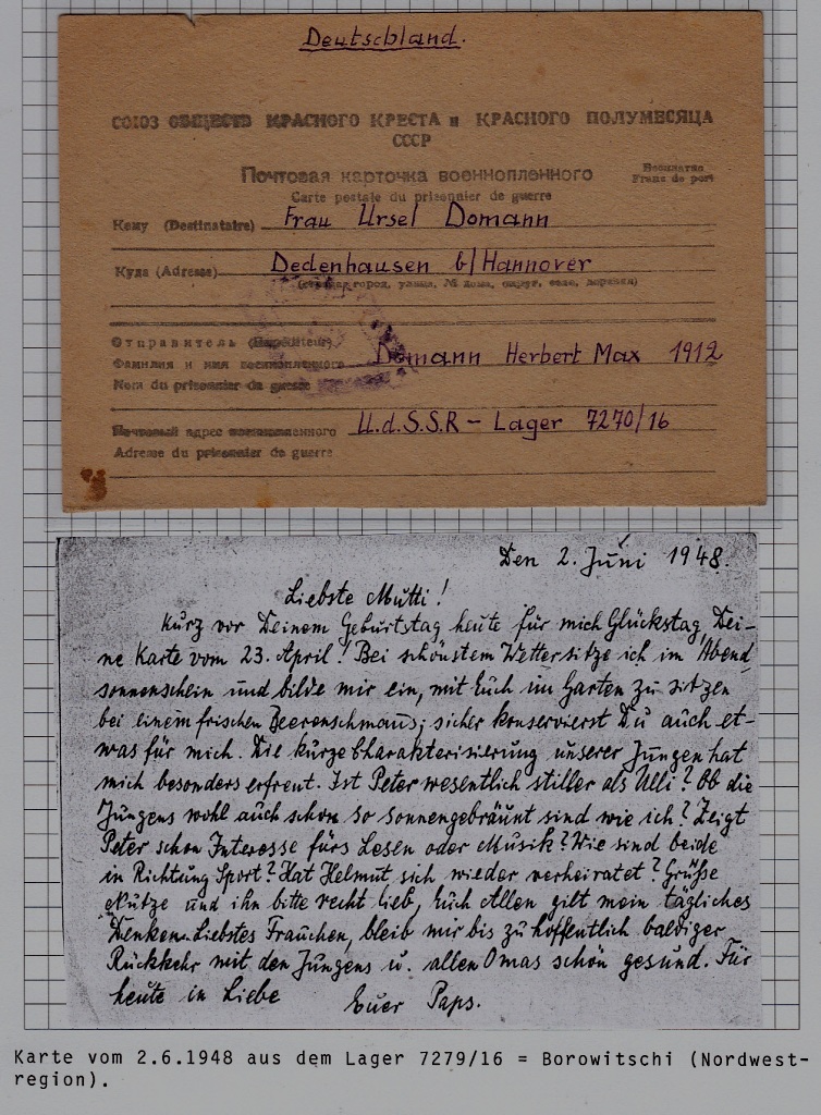 Russia/Germany POW card camp Borowitschi 2.6.48