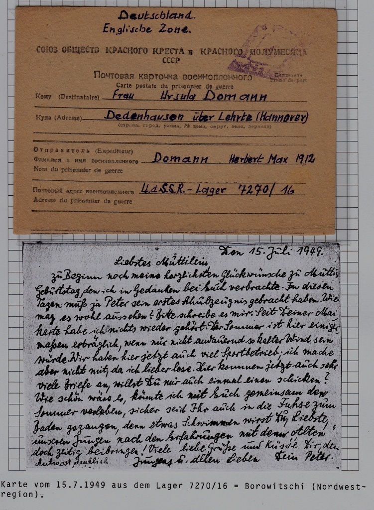 Russia/Germany POW card camp Borowitschi 15.7.49