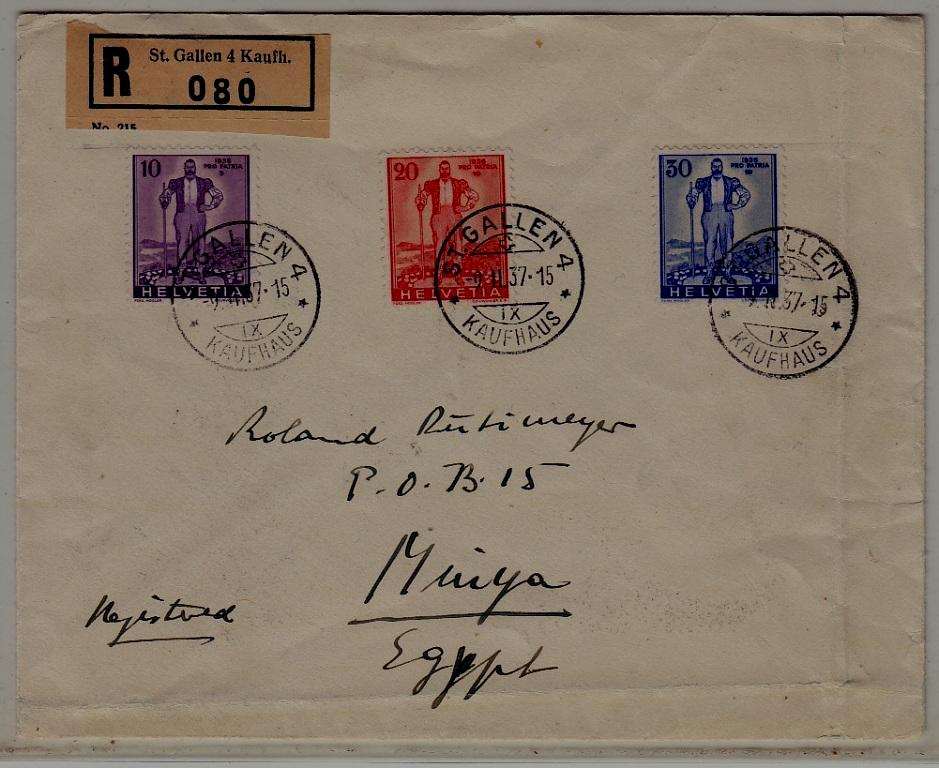 Switzerland/Egypt registered airmail cover 2.2.37 St.Gallen