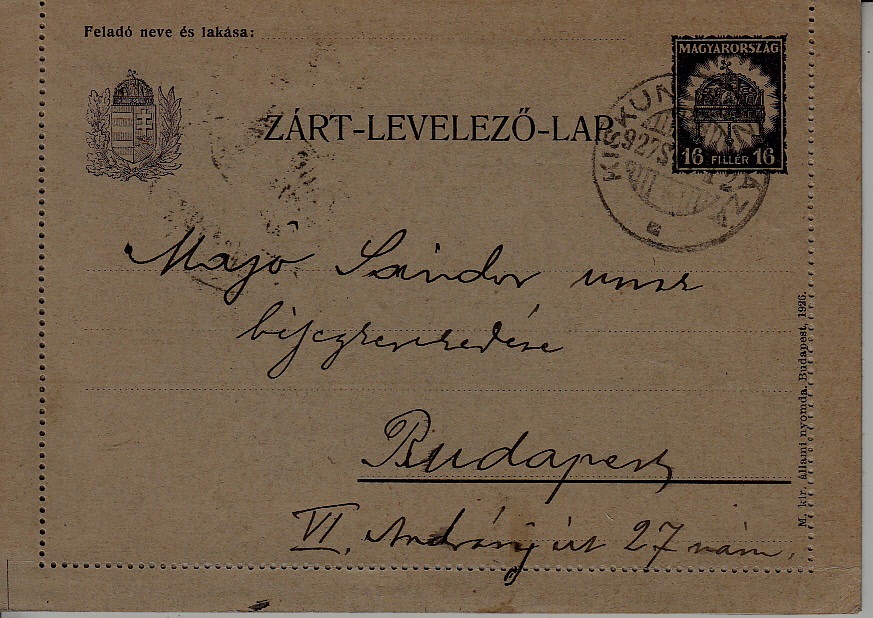 Hungary used card 12.9.27 Kiskunc