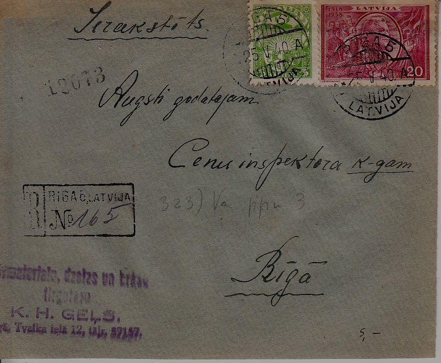 Latvia registered cover front side 25.5.40 Riga5
