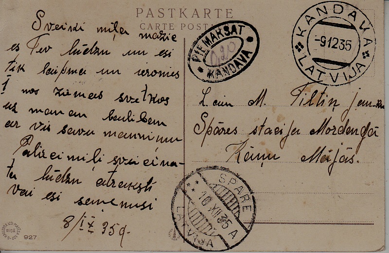 Latvia used card 9.12.35 Kandava,Spare, crease
