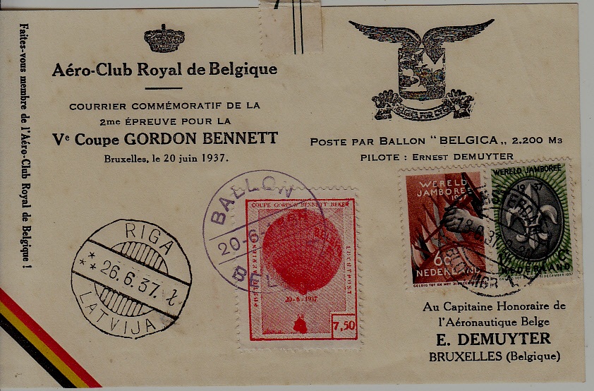 Netherlands/Latvia/Belgium used card Balloon mail 20.6.37