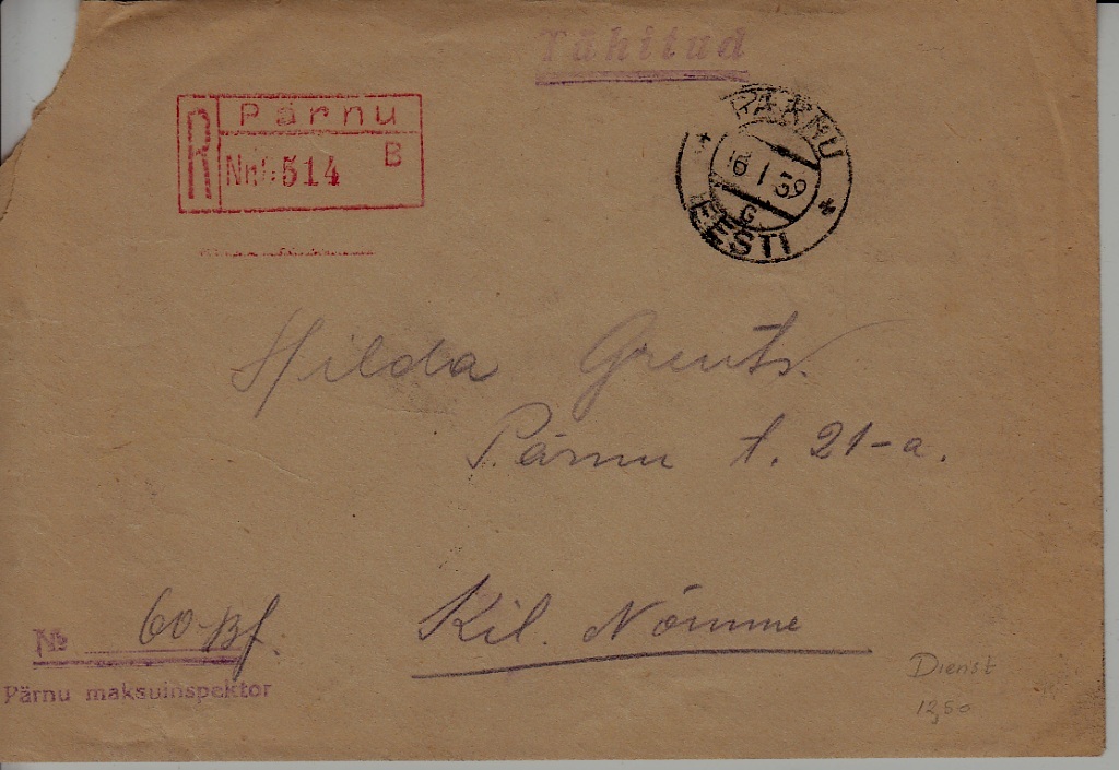 Estonia registered cover 16.1.39 Parnu,faults
