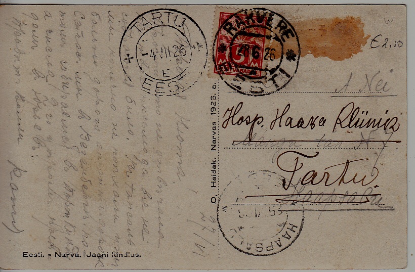 Estonia used card 28.6.26 Rakvere,Tartu,Haapsalu,Narva