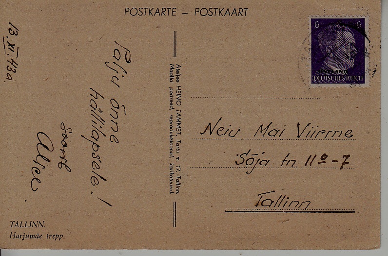 Estonia used card 13.11.43 Tallinn