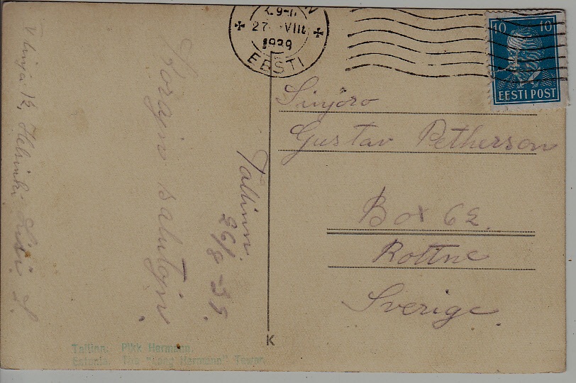 Estonia used card 27.8.39 Tallinn