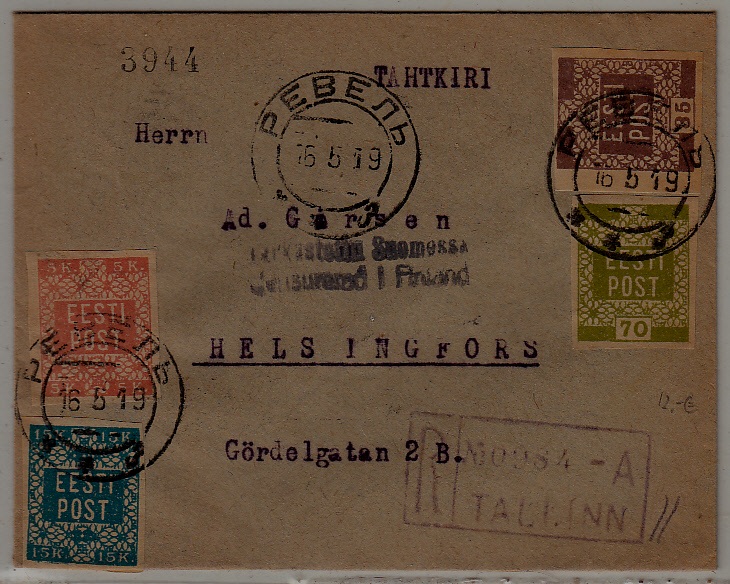 Estonia/Finland registered cover 16.5.19 Tallinn