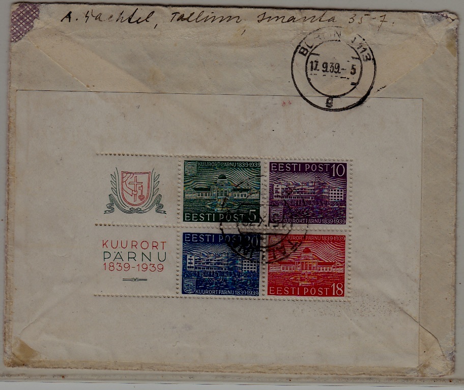 Estonia registered cover 15.9.39 Tallinn