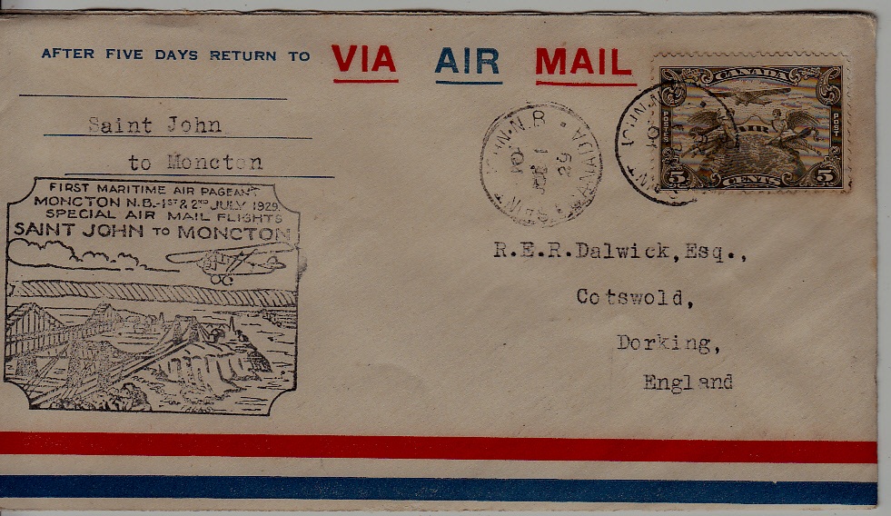 Canada airmail cover 1.7.29 St.John-Moncton