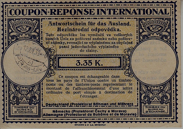 Bohemia Intl. reply coupon IRC 12.12.39 crease