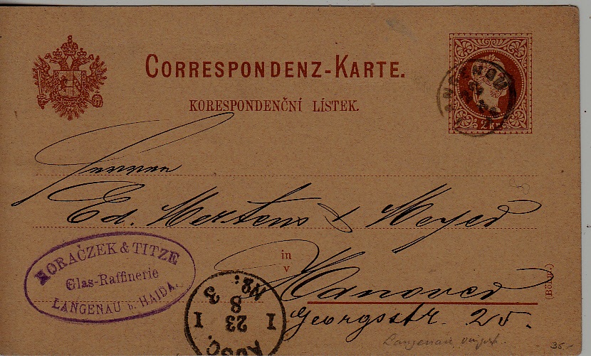 Czechoslovakia used card Langenau 1867