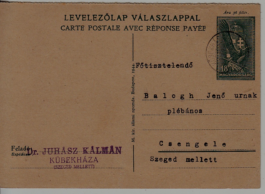 Hungary used card 16.9.44 Kubekhaza