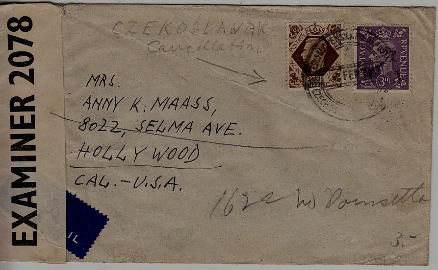 Czechoslovakia/GB censored Fieldpost cover 6.2.43