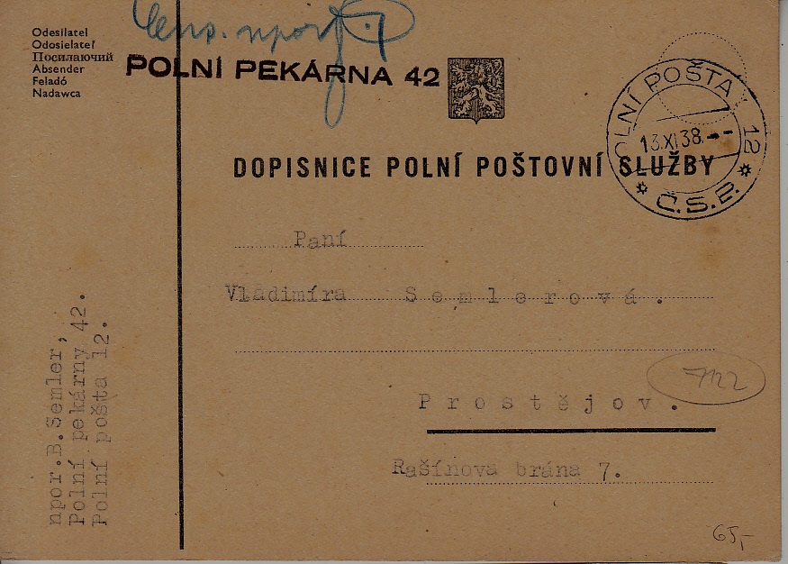 Czechoslovakia Fieldpost card 13.11.38