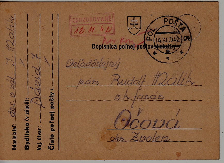 Czechoslovakia Fieldpost card 14.11.42