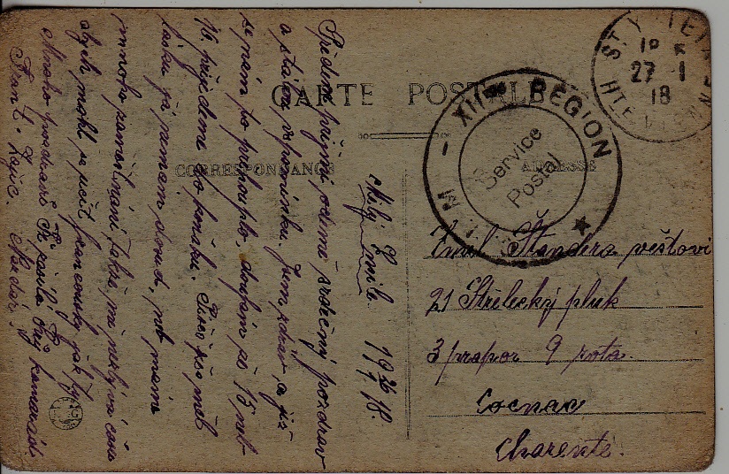 Czechoslovakia/France Fieldpost card 27.1.18