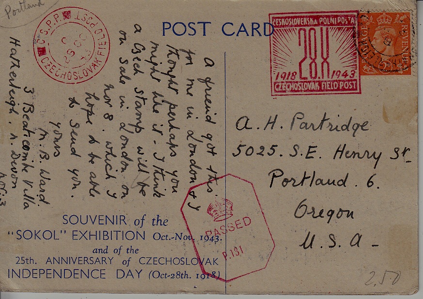 Czechoslovakia/GB Fieldpost card 28.10.43