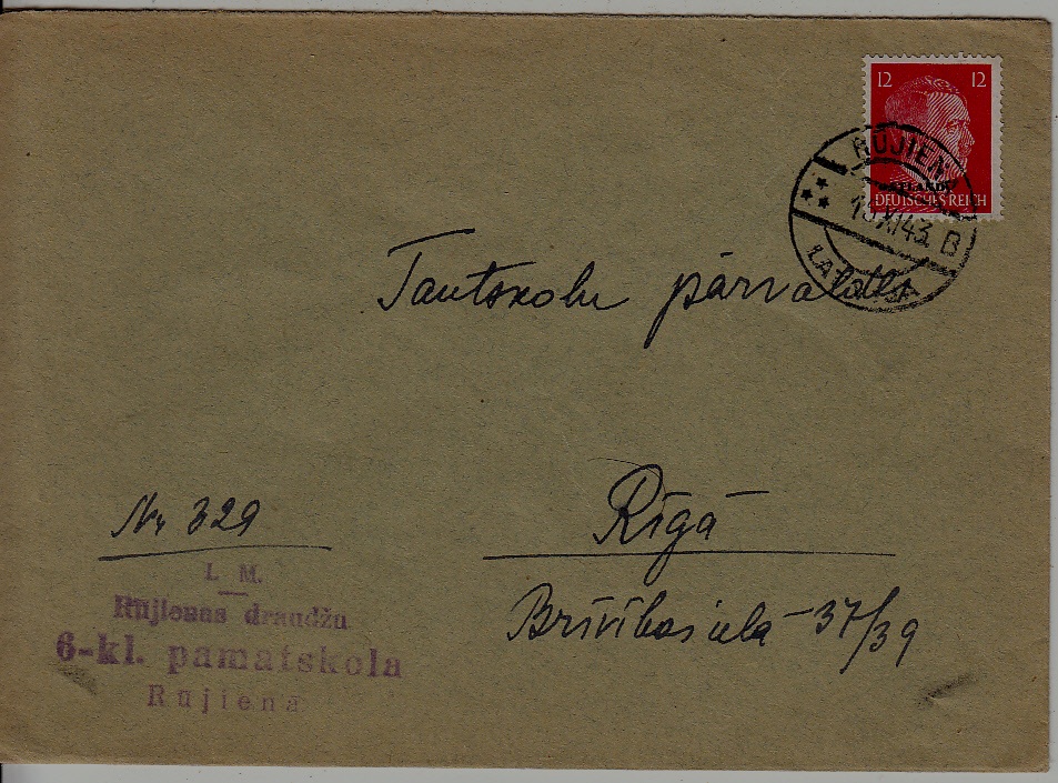 Latvia used cover 15.1.43 Rujiena