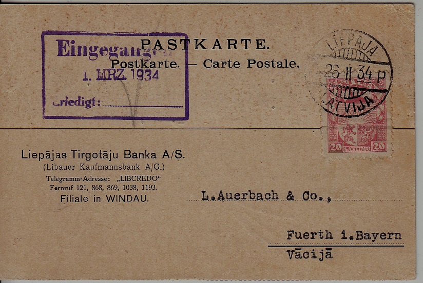 Latvia used card 23.2.34 Liepaja