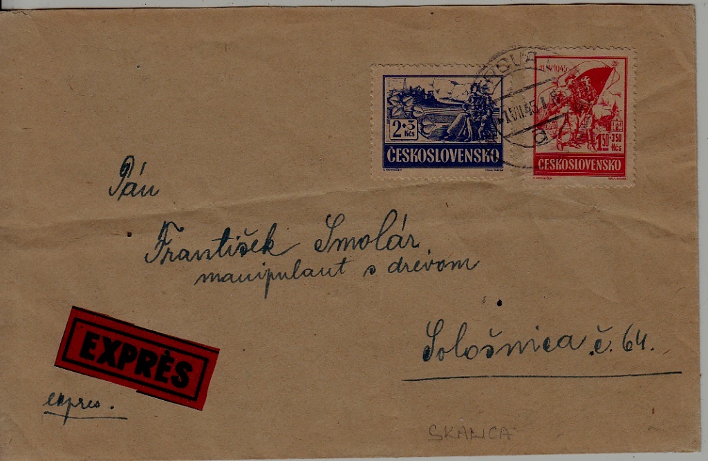 Czechoslovakia used cover 1.7.45 Skalica