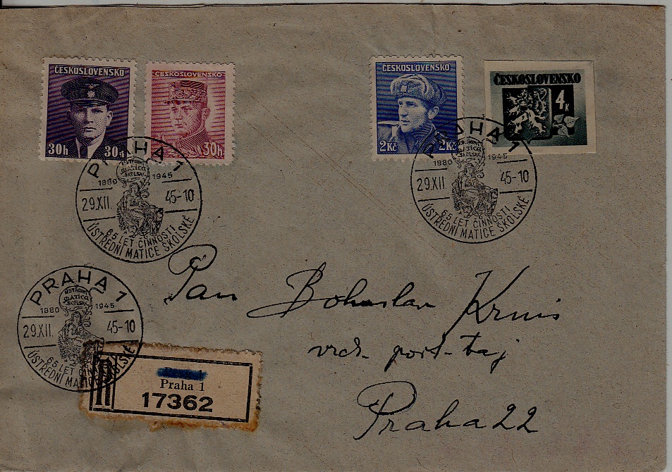 Czechoslovakia registered cover 29.12.45 Praha