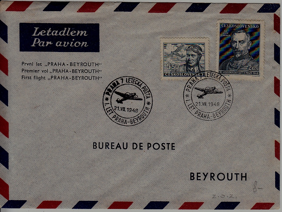 Czechoslovakia/Lebanon 1st flight cover 21.7.48