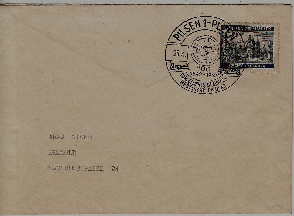 Bohemia used cover 25.10.42 Pilsen