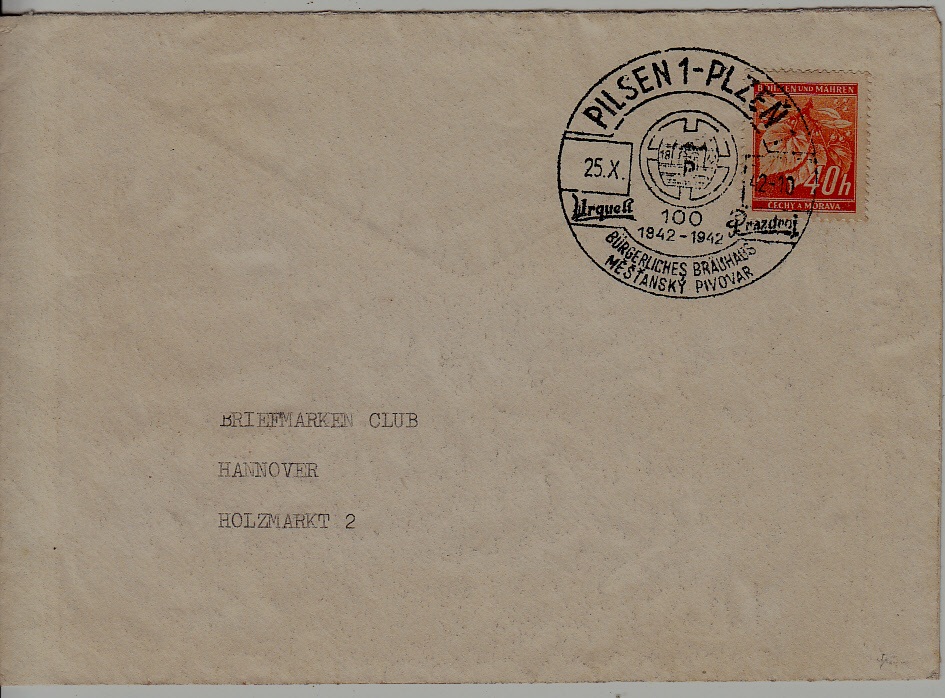 Bohemia used cover 25.10.42 Pilsen