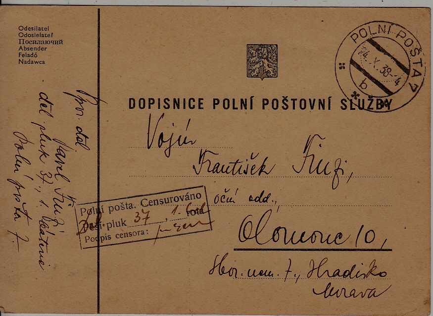 Czechoslovakia Feldpost card 24.10.38