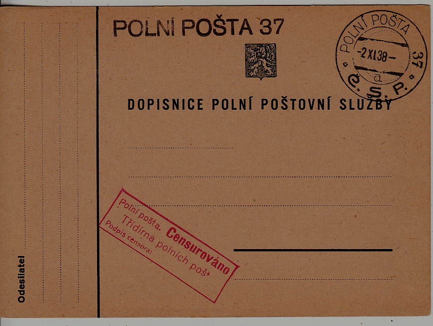 Czechoslovakia Feldpost card 2.11.38
