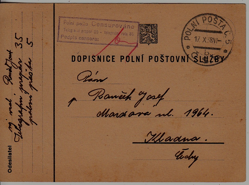 Czechoslovakia Feldpost card 17.10.38