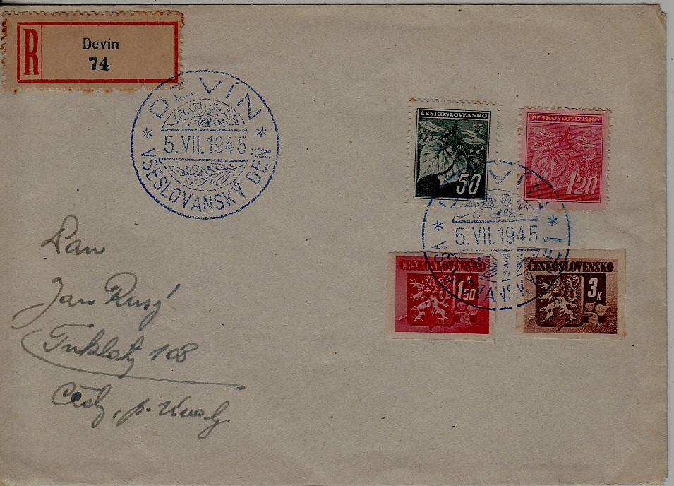 Czechoslovakia registered cover 5.7.45 Devin crease