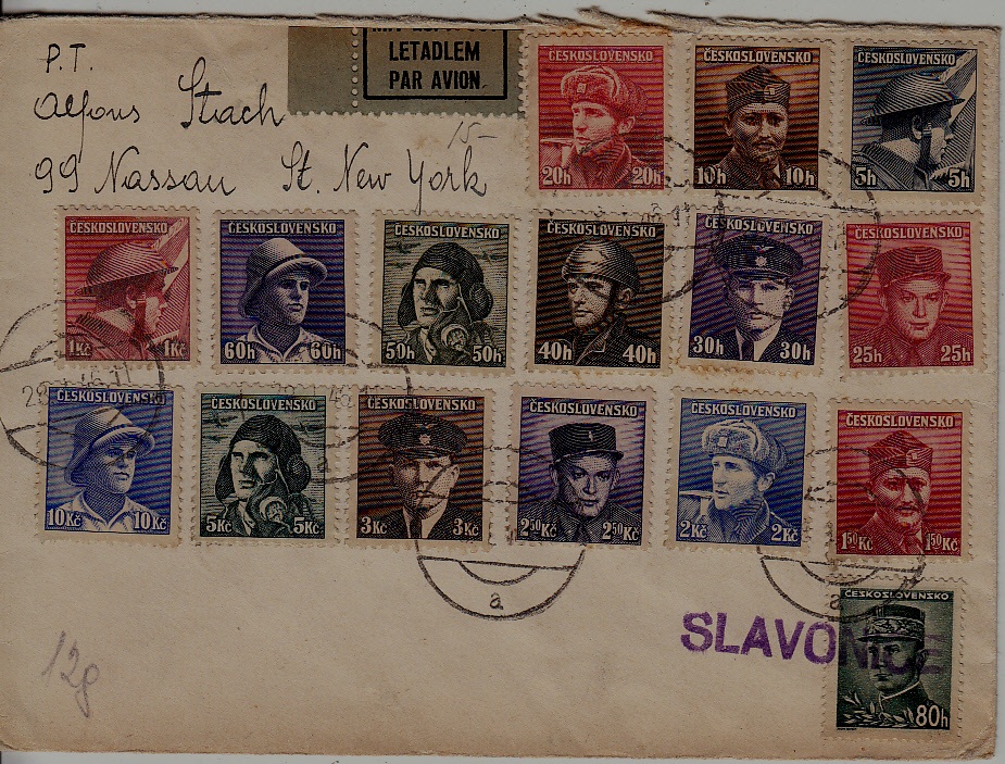 Czechoslovakia airmail cover 28.1.46 Slavonice