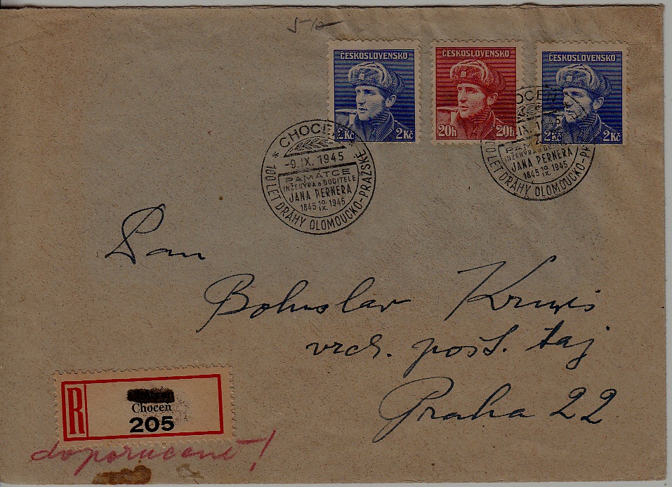 Czechoslovakia registered cover 9.9.45 Chocen