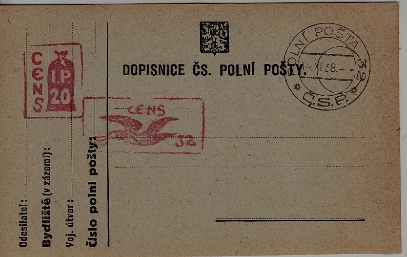 Czechoslovakia Feldpost card 14.11.38