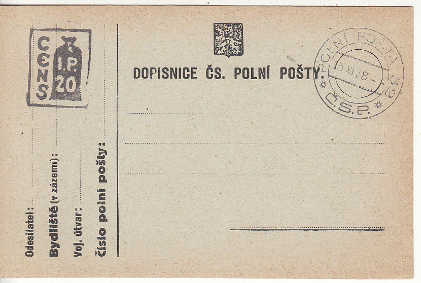 Czechoslovakia Feldpost card 15.11.38