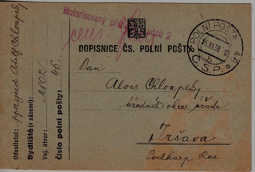 Czechoslovakia Feldpost card 15.11.38