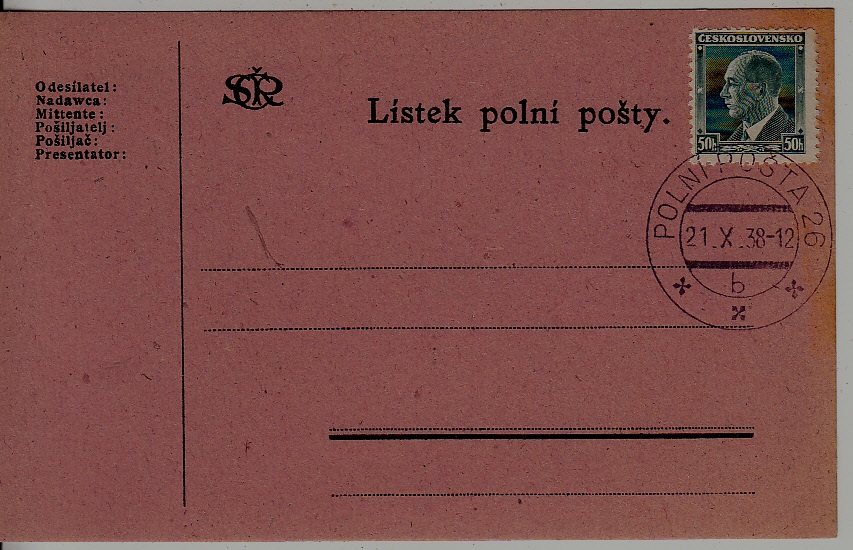 Czechoslovakia Feldpost card 21.10.38