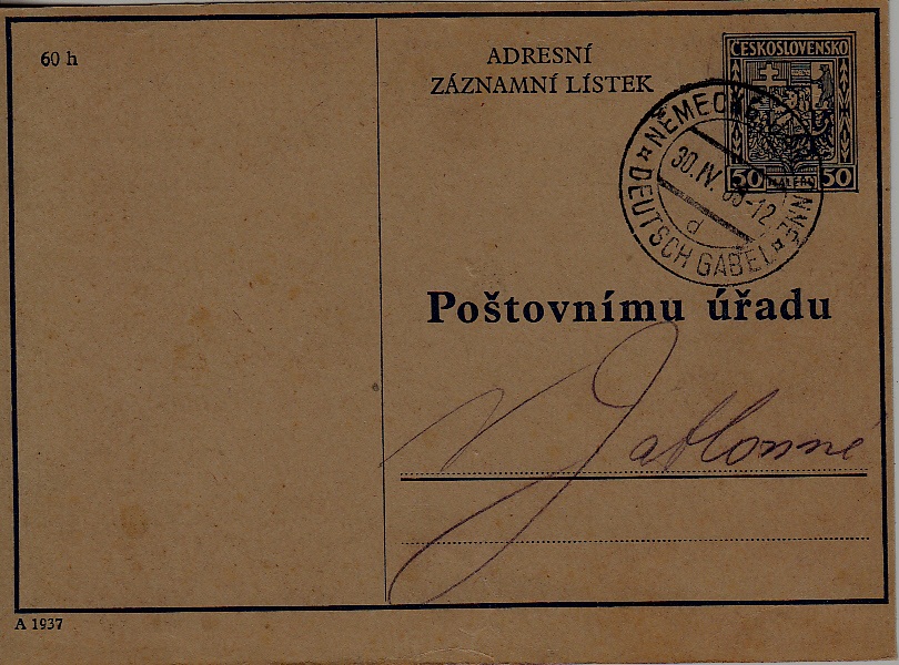 Czechoslovakia AAK1 used card 30.4.35