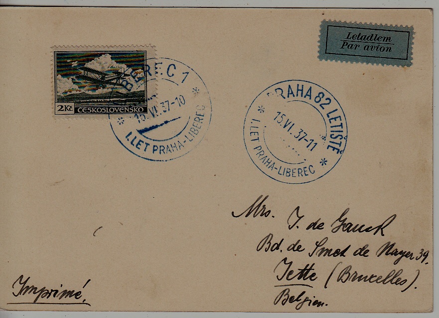 Czechoslovakia airmail card 15.6.37 Praha-Liberec