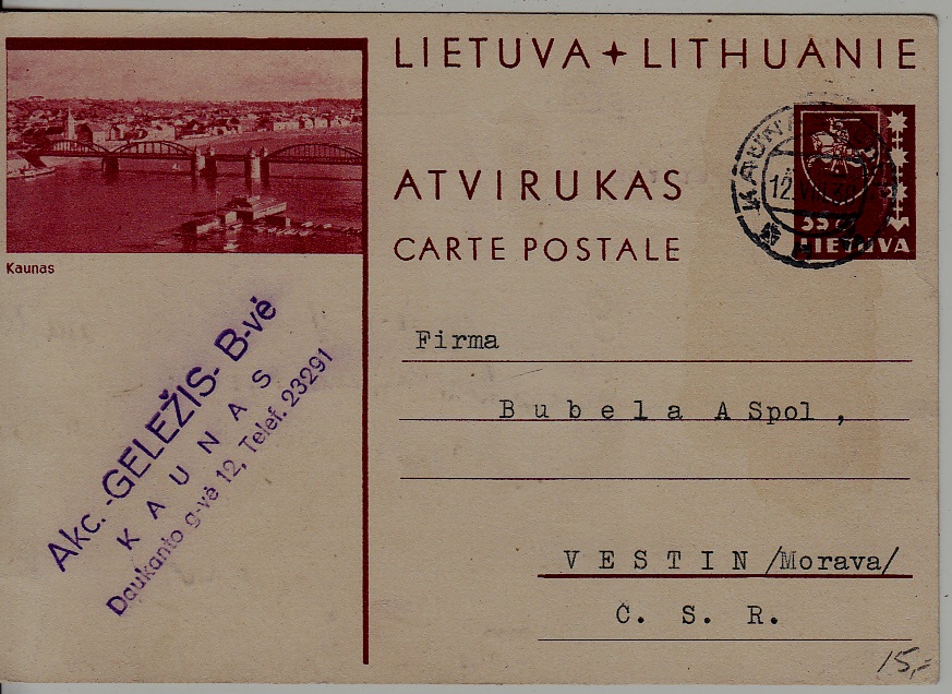 Lithuania P25 used card 12.8.38 Kaunas