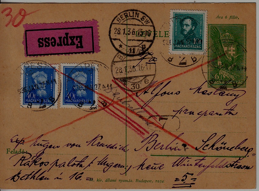 Hungary/Germany used card 27.1.36
