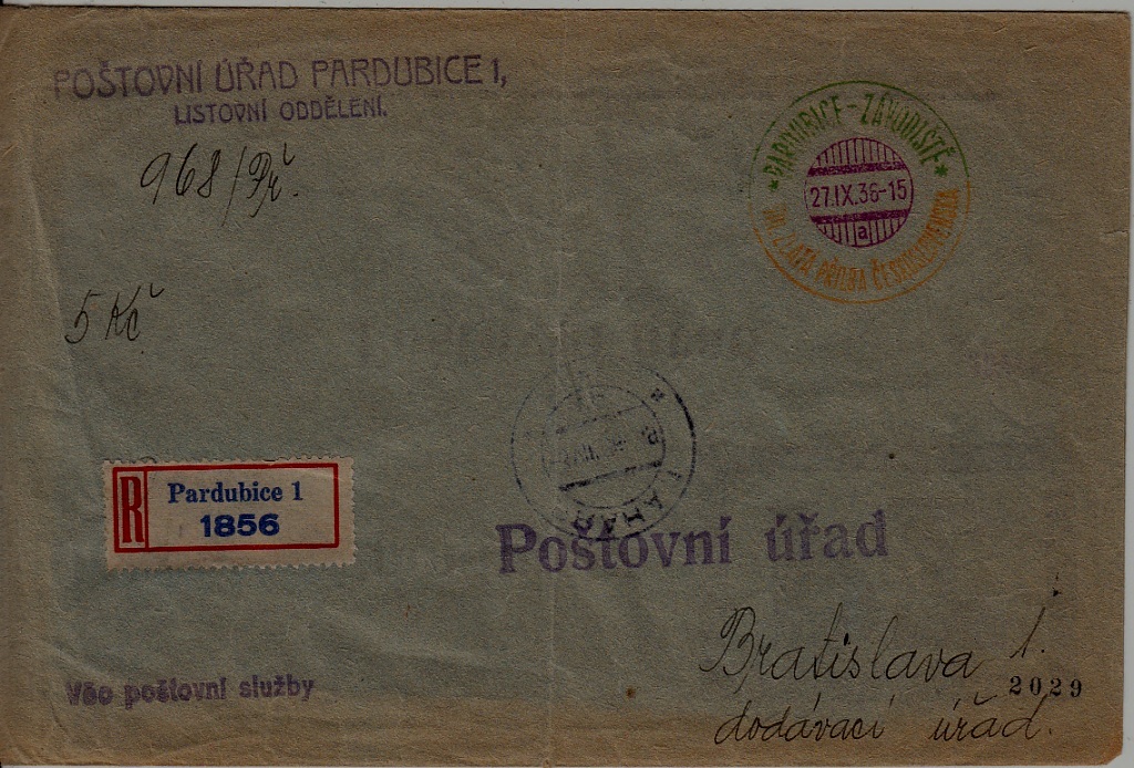 Czechoslovakia registered cover folded 27.9.36 Pardubice