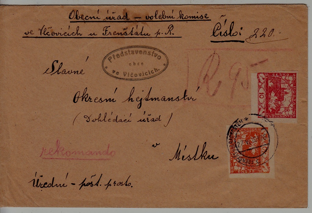 Czechoslovakia registered cover 27.6.19 Frenstat