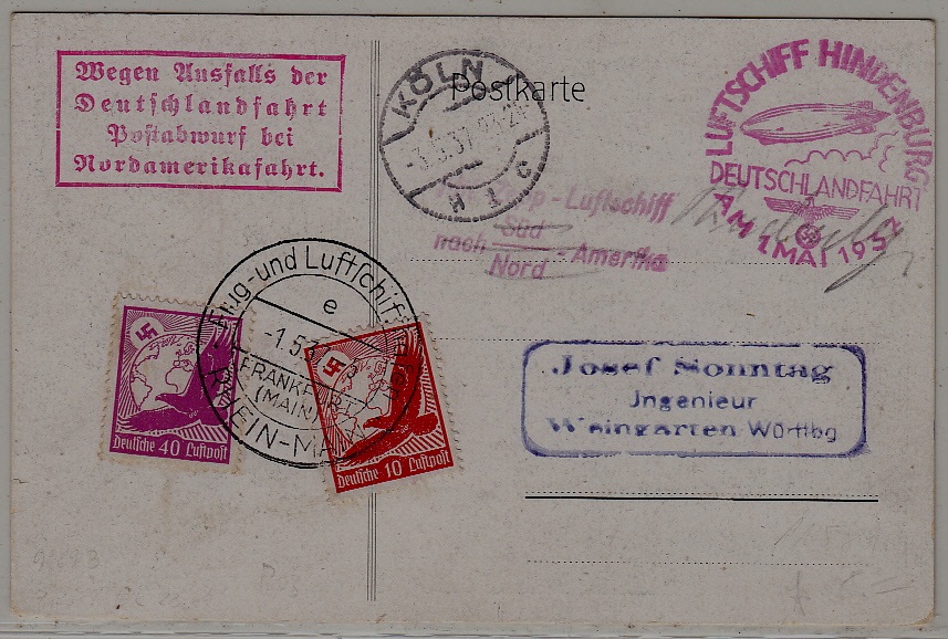 Germany Zeppelin card Deutschland flight 1.5.37