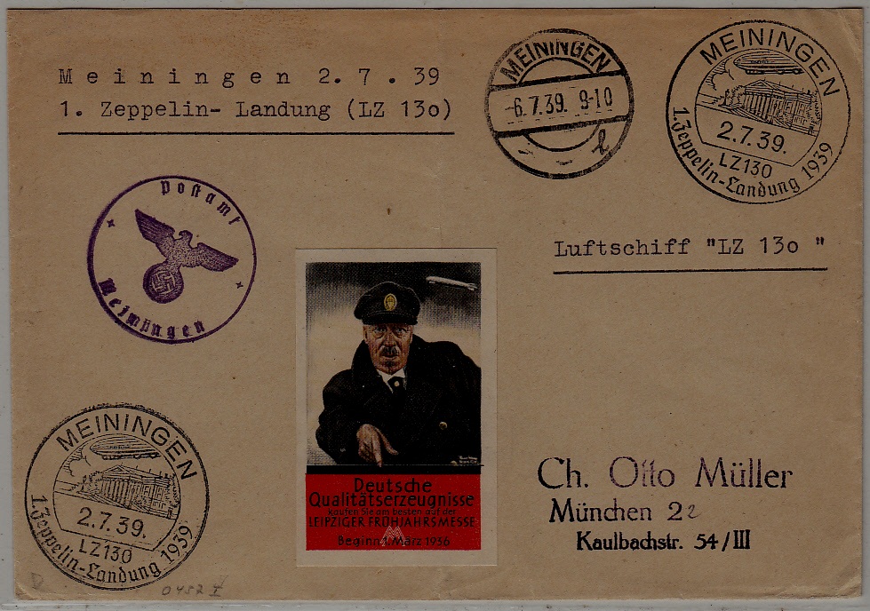 Germany Zeppelin cover folded 2.7.39 Meiningen